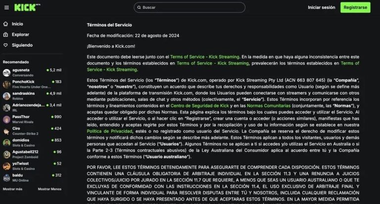 Captura de pantalla de la web de Kick.