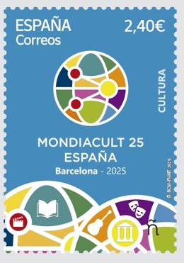 Sello de Correos dedicado a la conferencia de la Unesco MONDIACULT 25.